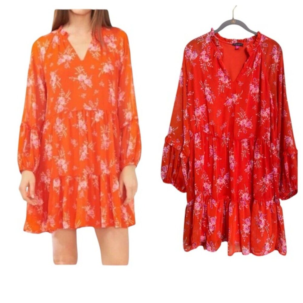 Vince Camuto Long Sleeve V-neck Tiered Boho Mini Dress Size Large